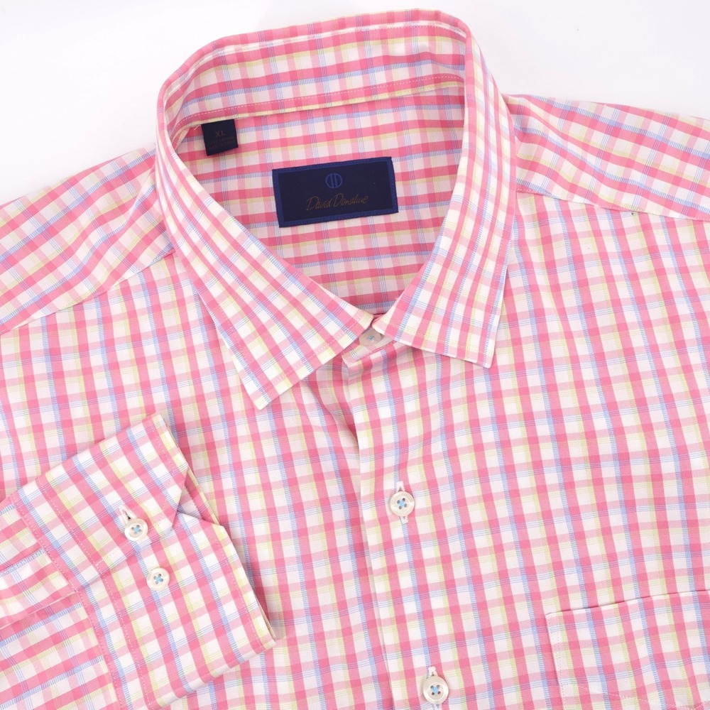 David Donahue Plaid Button Down Shirt Pink Long Sleeve Mens XL
